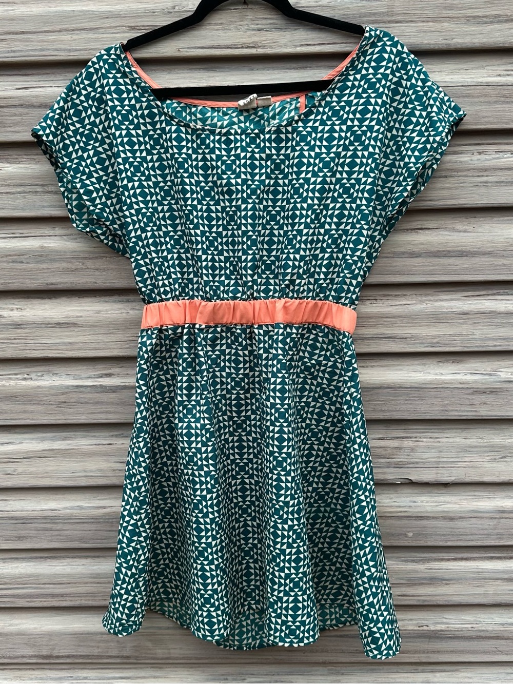 Roxy Large Teal Geometric Open Back Dress Coral Trim 2013 ARJWD00084 Y2K Boho